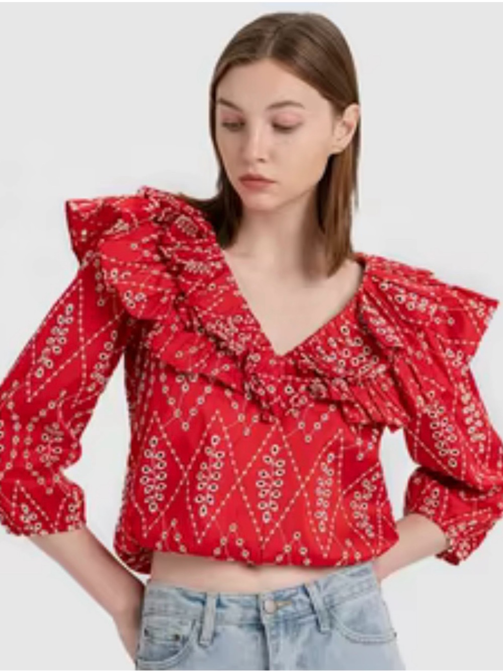 ZARA Red White Ruffle Embroidered Floral Cropped V Neck Puff Sleeve Blouse S